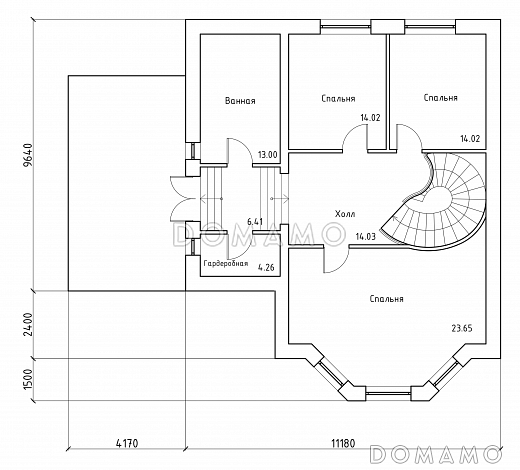 Проект двухэтажного дома с эркером и цокольным этажом, с винтовой лестницей / План 2 этажа