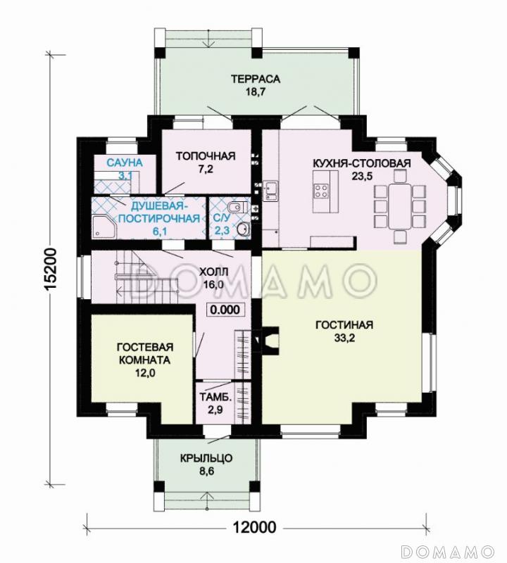 Проект дома из пеноблоков с террасой и сауной / План 1 этажа