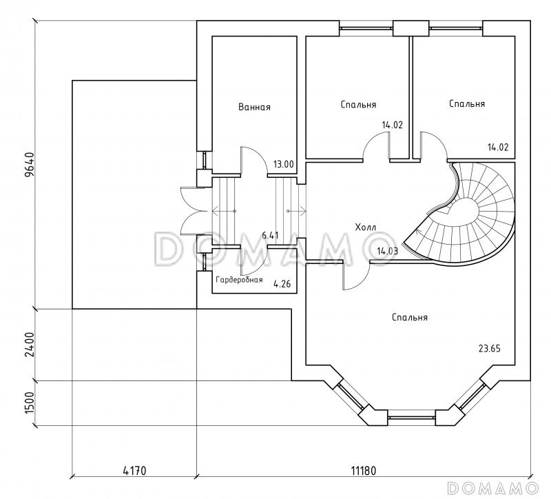 Проект двухэтажного дома с эркером и цокольным этажом, с винтовой лестницей / План 2 этажа