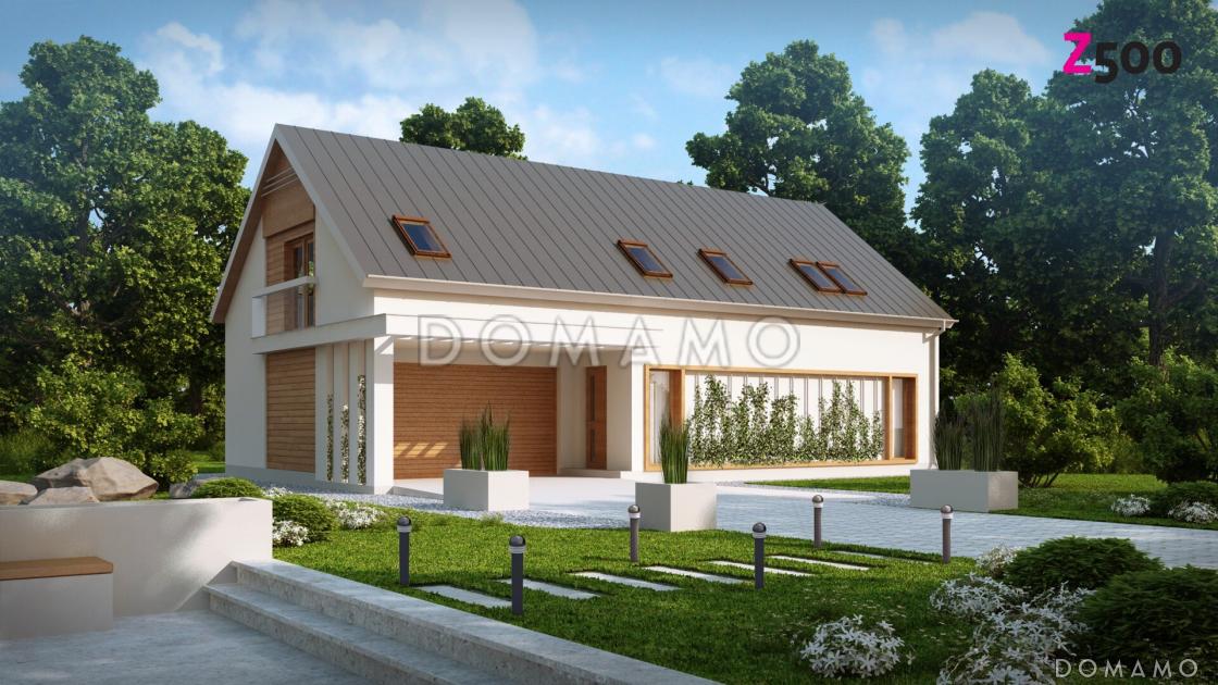 Проект одноэтажного мансардного дома из кирпича с кабинетом, тремя спальнями и гаражом на два автомобиля / 1