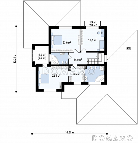 Проект  двухэтажного дома с гаражом на 2 машины, большой гостиной, проходом на кухню из прихожей, отдельным входом в котельную / План 2 этажа