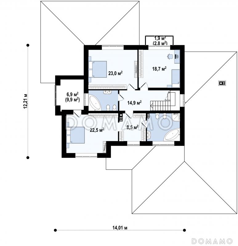 Проект  двухэтажного дома с гаражом на 2 машины, большой гостиной, проходом на кухню из прихожей, отдельным входом в котельную / План 2 этажа