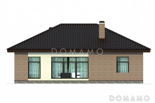 Проект одноэтажного коттеджа с коричневой облицовкой и необычной стеной крыльца / Фасад 2