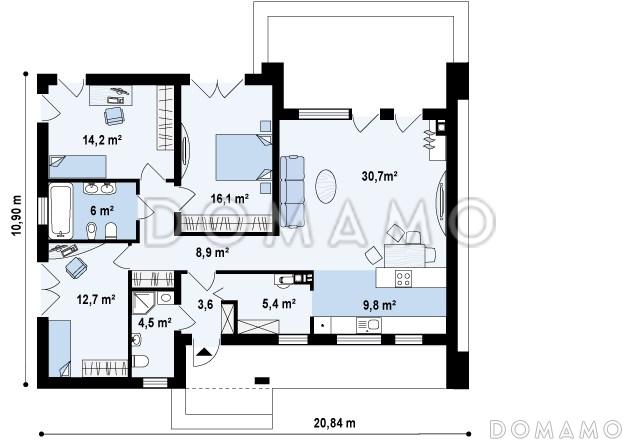 Проект просторного современного одноэтажного дома из газобетона с  тремя спальнями, без гаража / План 1 этажа