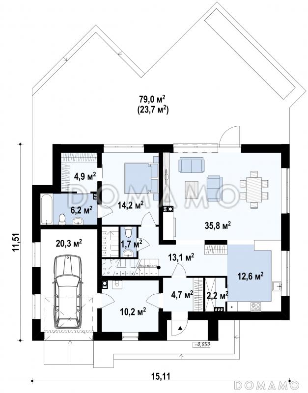 Проект мансардного дома в стиле шале из кирпича с дополнительной спальней на первом этаже, вторым светом и гаражом / План 1 этажа