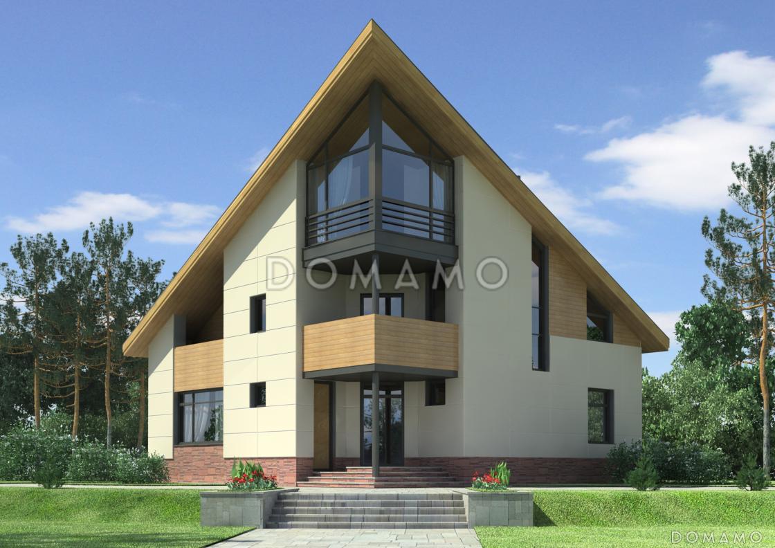 Проект квадратного загородного дома с большой гостиной, кухней-столовой, двумя террасам, вторым светом / 1