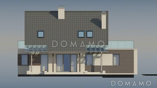 Проект одноэтажного мансардного дома из газобетона с гаражом и террасой над ним и с эркером в кухонной зоне  / Фасад 1