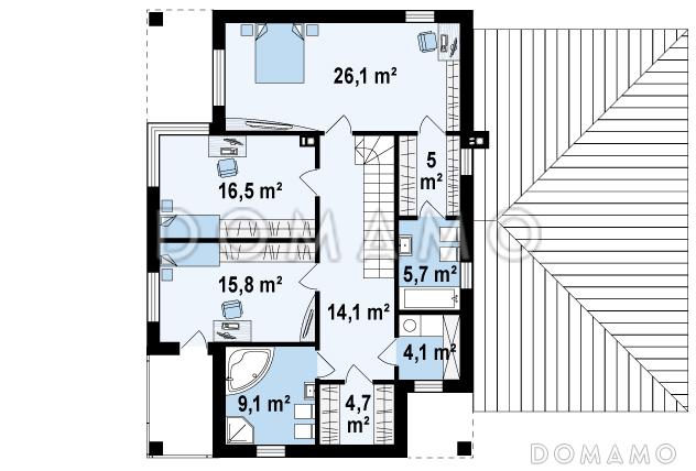 Проект просторного двухэтажного дома из газобетона с дополнительной спальней на первом этаже, гаражом и сауной / План 2 этажа