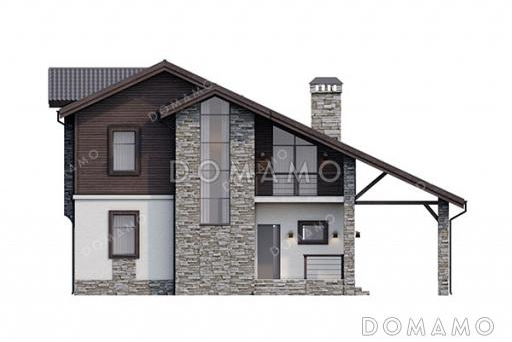 Проект дома с мансардой, светлым панорамным окном на два этажа и навесом для автомобиля / Фасад 3