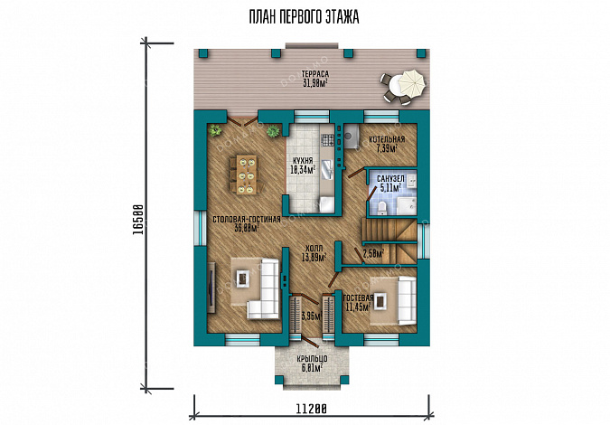 Проект двухэтажного дома с застекленной террасой и 5 спальнями / План 1 этажа