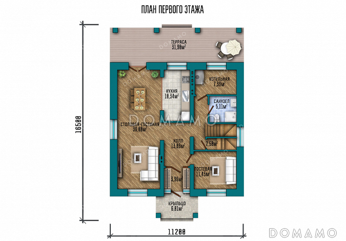 Проект двухэтажного дома с застекленной террасой и 5 спальнями / План 1 этажа