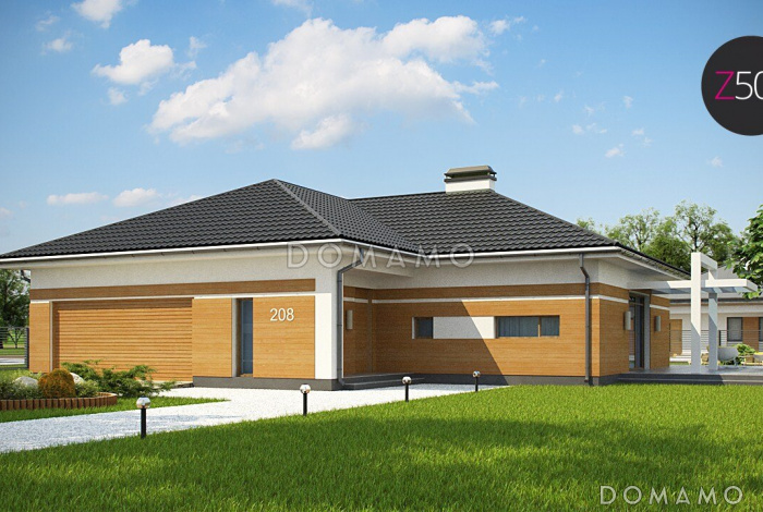 Проект углового одноэтажного дома из кирпича с облицовкой классических фасадов деревянной вагонкой и с гаражом на два автомобиля Проект углового одноэтажного дома из кирпича с облицовкой классических фасадов деревянной вагонкой и с гаражом на два автомобиля