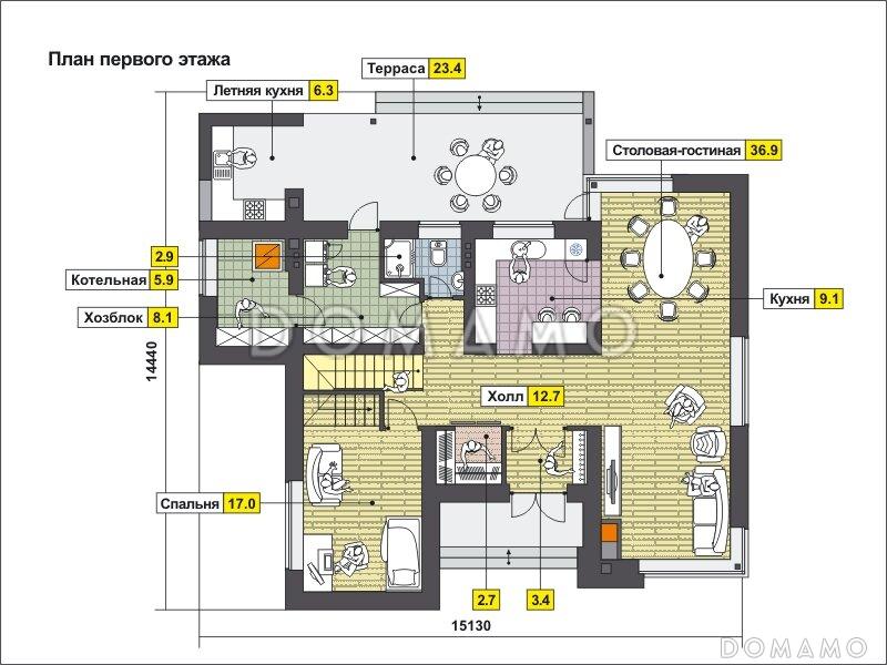 Проект дома с летней кухней на крытой террасе, спальней на первом этаже, просторной столовой-гостиной, хозблоком, французским балконом в кабинете и спальне на втором этаже / План 1 этажа