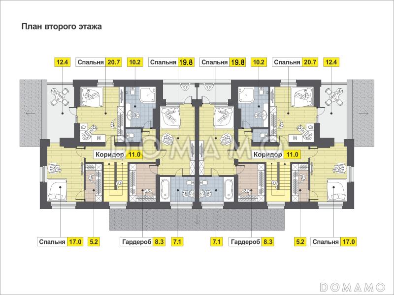 Загородный дом для большой семьи с функциональной планировкой, гаражом, барбекю на террасе / План 2 этажа