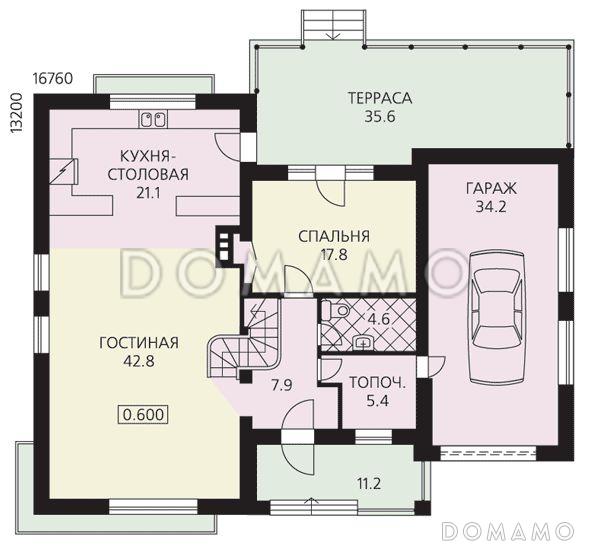 Готовый проект коттеджа с гаражом / План 1 этажа