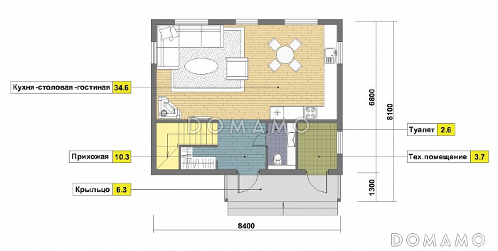 Проект двухэтажного каркасного дома с двумя спальнями на втором этаже / План 1 этажа