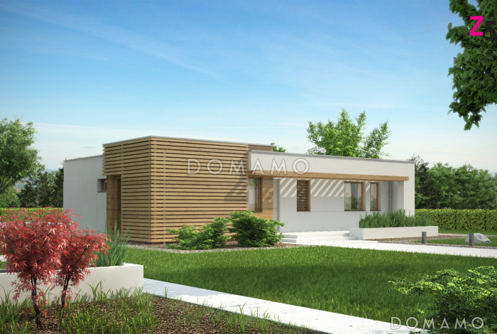 Проект одноэтажного дома из кирпича с плоской крышей с тремя спальнями