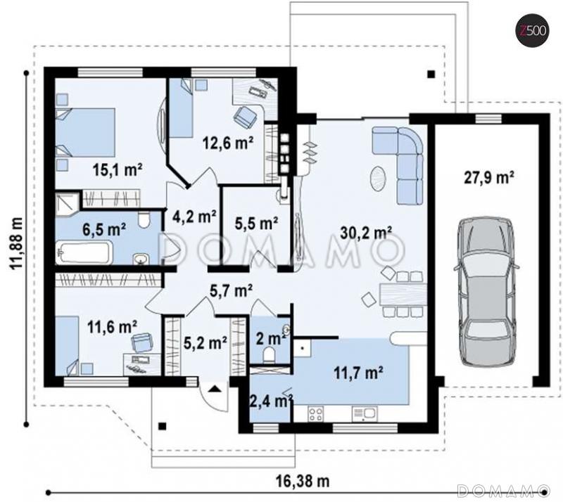 Проект простого компактного одноэтажного дома из кирпича с тремя спальнями и гаражом / План 1 этажа