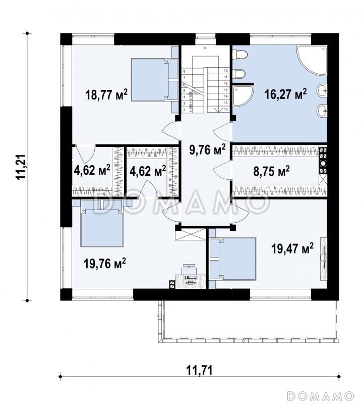 Проект современного двухэтажного дома из газобетона с четырьмя комнатами, гаражом и балконом / План 2 этажа