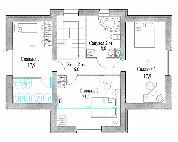 Проект полутораэтажного коттеджа с яркой облицовкой и открытой террасой / План мансардного этажа