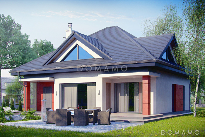 Проект одноэтажного мансардного коттеджа из газобетона с большой площадью остекления в гостиной, кабинетом и гаражом