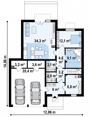 Проект современного комфортного двухэтажного дома из кирпича для двух семей с квартирами на разных этажах и общим гаражом с двумя въездами / План 1 этажа