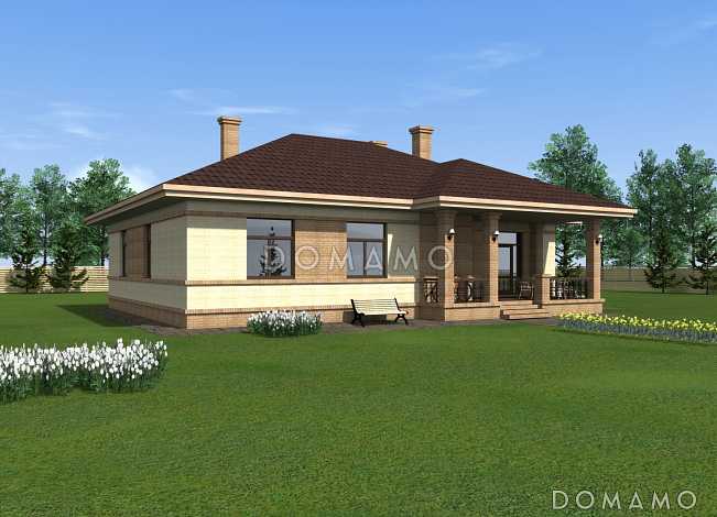 Одноэтажный дом из крупноформатного кирпича с тремя спальнями, большой кухней-гостиной и сауной Одноэтажный дом из крупноформатного кирпича с тремя спальнями, большой кухней-гостиной и сауной