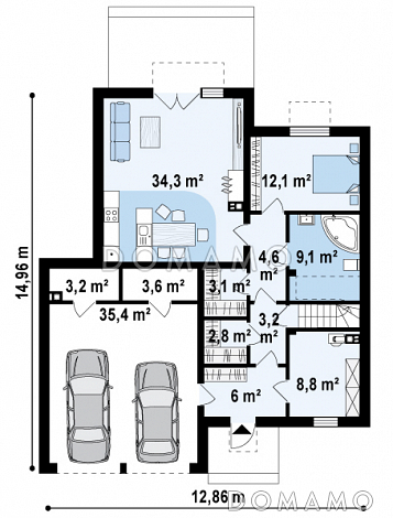 Проект современного комфортного двухэтажного дома из кирпича для двух семей с квартирами на разных этажах и общим гаражом с двумя въездами / План 1 этажа