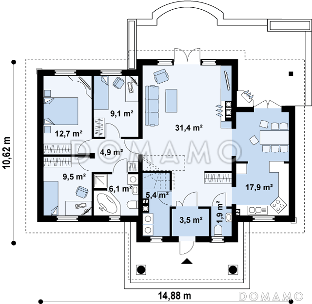 Проект одноэтажного дома из кирпича со свободной планировкой на мансардном этаже / План 1 этажа