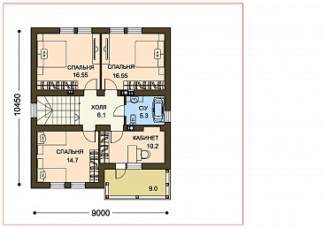 Проект компактного загородного дома с крытой террасой и большой лоджией / План 2 этажа Проект компактного загородного дома с крытой террасой и большой лоджией / План 2 этажа