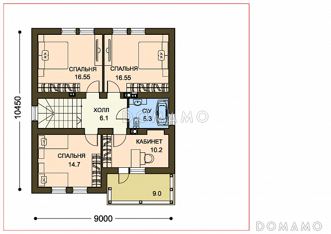 Проект компактного загородного дома с крытой террасой и большой лоджией / План 2 этажа Проект компактного загородного дома с крытой террасой и большой лоджией / План 2 этажа