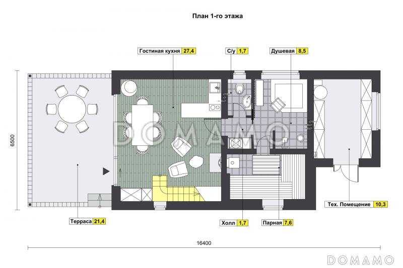 Проект бани с большой кухней-гостиной, террасой и комнатой на антресоли / План 1 этажа