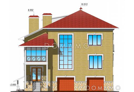 Проект двухэтажного коттеджа с цокольным этажом, гаражом и парной / Фасад 1