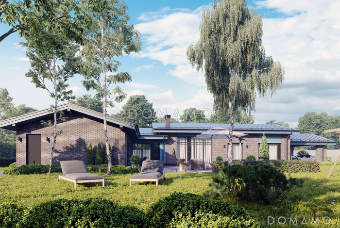 Проект одноэтажного Г-образного дома из кирпича с мастер-спальней, теплой террасой, парной и навесом для двух машин Проект одноэтажного Г-образного дома из кирпича с мастер-спальней, теплой террасой, парной и навесом для двух машин