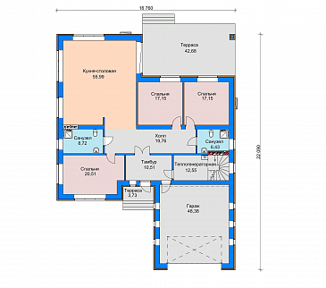 Проект одноэтажного дома с широкой террасой, кухней-столовой, гаражом / План 1 этажа Проект одноэтажного дома с широкой террасой, кухней-столовой, гаражом / План 1 этажа