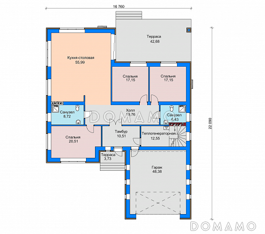 Проект одноэтажного дома с широкой террасой, кухней-столовой, гаражом / План 1 этажа Проект одноэтажного дома с широкой террасой, кухней-столовой, гаражом / План 1 этажа
