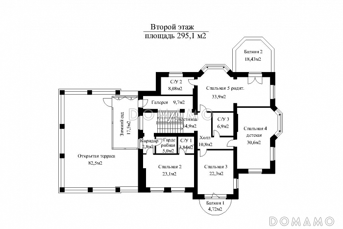 Проект двухэтажного особняка в классическом стиле, с бассейном, зимним садом и просторной террасой второго этажа  / План 2 этажа