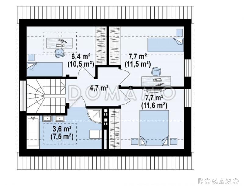 Проект компактного одноэтажного мансардного дома из кирпича с дополнительной спальней на первом этаже и тремя спальнями на мансарде / План мансардного этажа