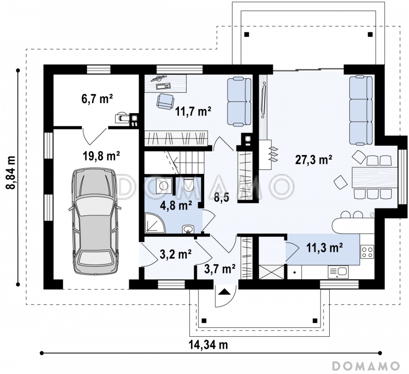 Проект мансардного дома из газобетона с прямоугольным эркером и со встроенным гаражом / План 1 этажа