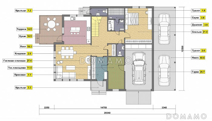 Проект дома из газобетона с местом для трех авто / План 1 этажа Проект дома из газобетона с местом для трех авто / План 1 этажа