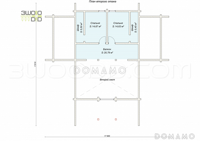 1668 - дом из клееного бруса с большой гостиной и 4 спальнями / План 2 этажа 1668 - дом из клееного бруса с большой гостиной и 4 спальнями / План 2 этажа