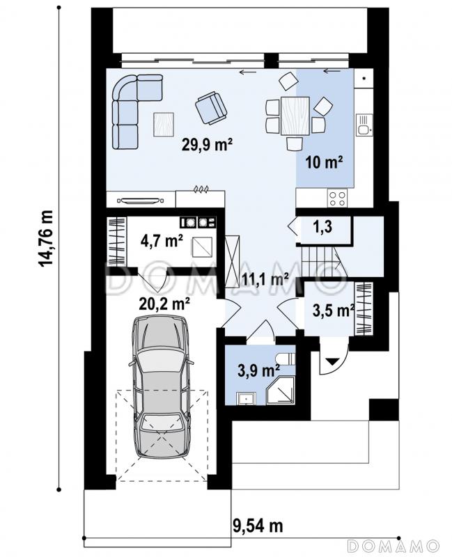 Проект современного загородного дома с плоской крышей, кладовой под лестницей, вытянутой ванной на втором этаже / План 1 этажа