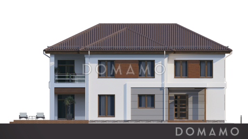 Проект загородного дома с террасой, кладовой в кухне, балконом, детскими комнатами и кабинетом / Фасад 1