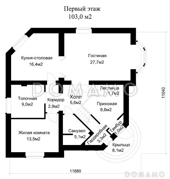 Проект загородного дома с эркером в гостиной / План 1 этажа