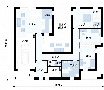 Проект современного одноэтажного дома из кирпича с тремя спальнями, гаражом и внутренним двориком переходящим в открытую террасу / План 1 этажа Проект современного одноэтажного дома из кирпича с тремя спальнями, гаражом и внутренним двориком переходящим в открытую террасу / План 1 этажа
