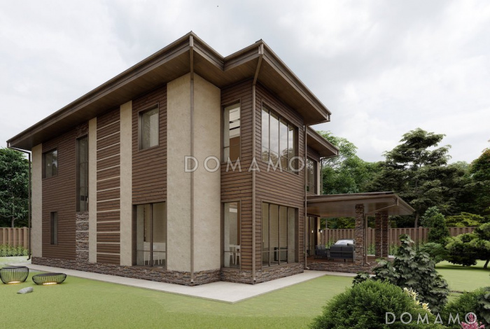 Проект двухэтажного дома с 3 спальнями, крытой террасой и панорамными окнами