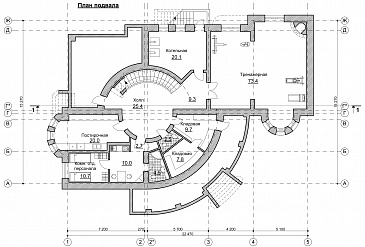 Проект коттеджа с круглым холлом и башенкой / План цокольного этажа Проект коттеджа с круглым холлом и башенкой / План цокольного этажа