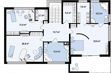 Проект современного двухэтажного дома в стиле хай-тек из газобетона с плоской крышей, гаражом и балконом / План 2 этажа Проект современного двухэтажного дома в стиле хай-тек из газобетона с плоской крышей, гаражом и балконом / План 2 этажа