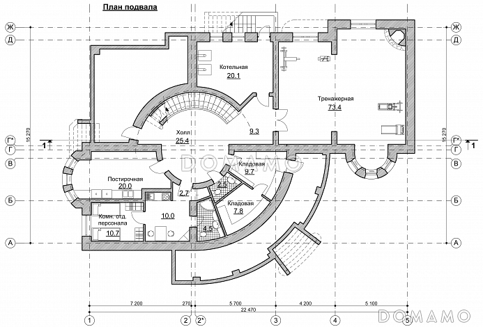 Проект коттеджа с круглым холлом и башенкой / План цокольного этажа Проект коттеджа с круглым холлом и башенкой / План цокольного этажа