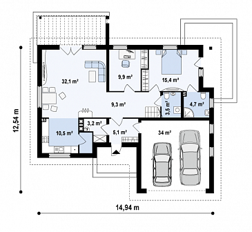 Проект одноэтажного мансардного дома из кирпича с гостевой спальней и кабинетом на первом этаже и встроенным гаражом / План 1 этажа